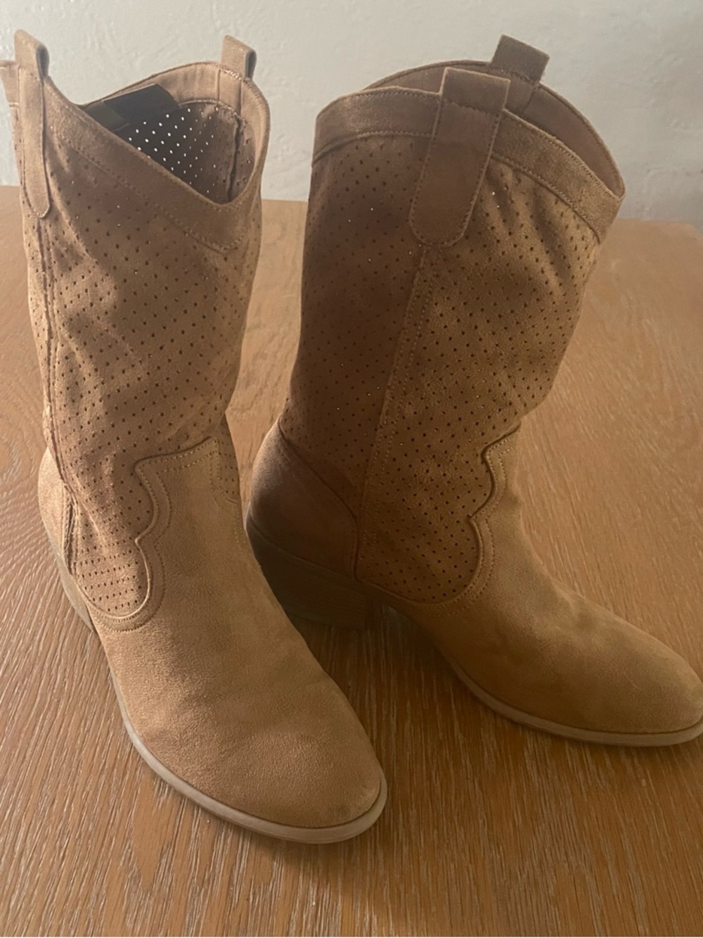 Women's Tan Suede Perforated Mid-Calf Cowboy Boots